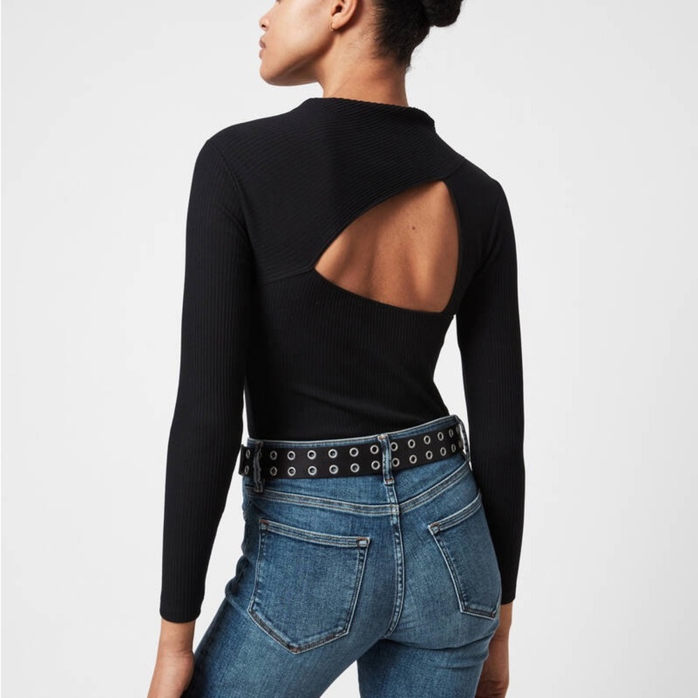 Allsaints Gia Bodysuit Roll Mock Neck Ribbed Long Sleeve Asymmetrical Cutout 4